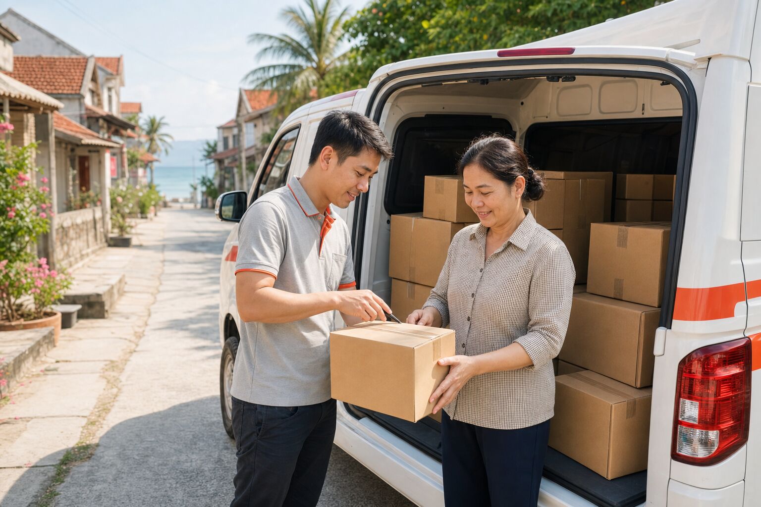 Người gửi bàn giao thùng hàng bên xe vận chuyển tại làng ven biển