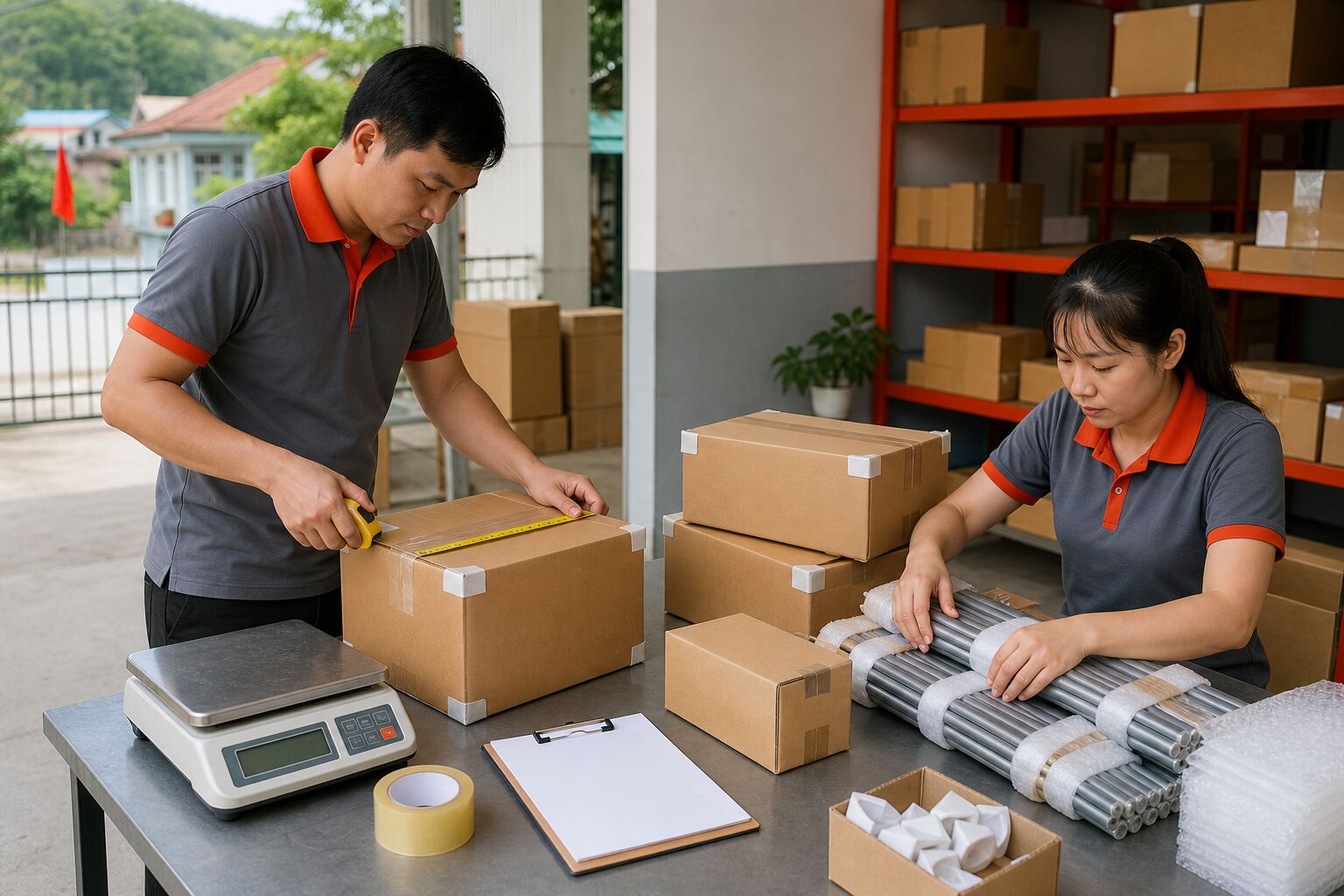 Nhân viên đo thùng carton và bọc các bó vật tư trước khi vận chuyển