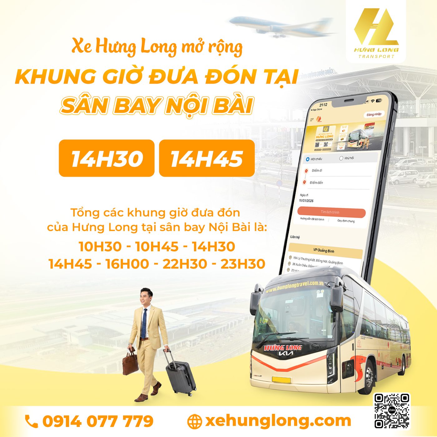 Thông báo 7 khung giờ đưa đón Xe Hưng Long tại sân bay Nội Bài
