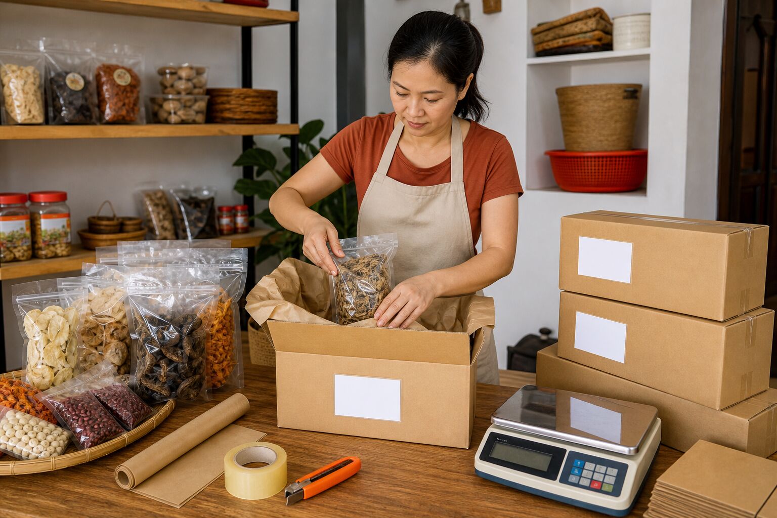 Người bán hàng Việt Nam đóng gói thực phẩm khô vào thùng carton