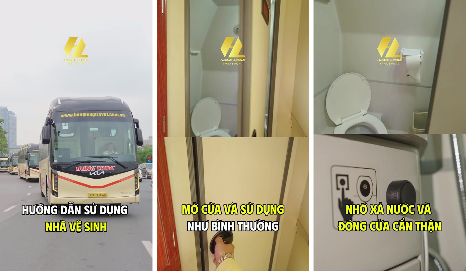 Ba khung hình từ video thực tế về tiện ích toilet trên Xe Hưng Long