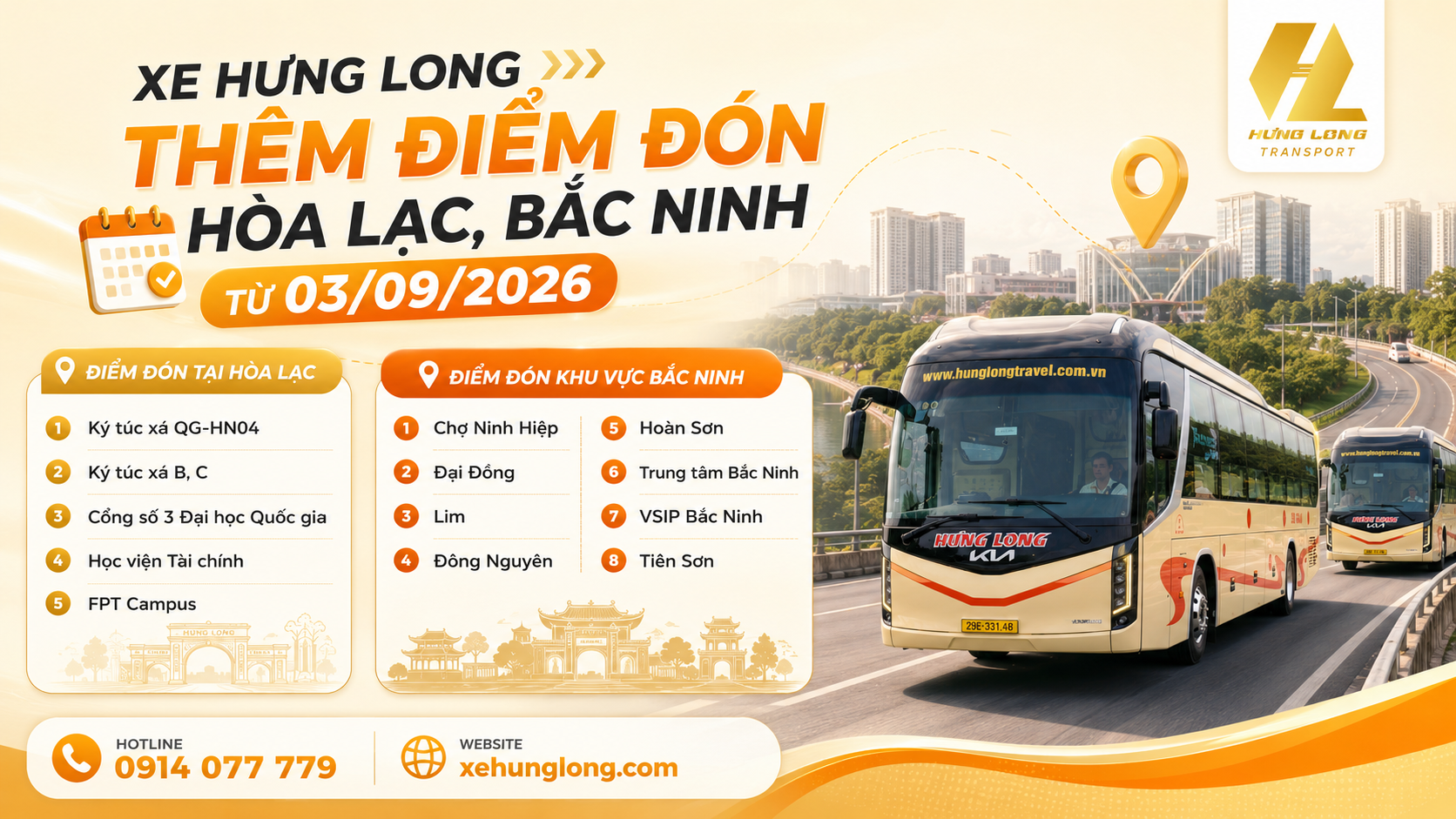 Xe Hưng Long thêm điểm đón Hòa Lạc và Bắc Ninh từ 03/09/2026